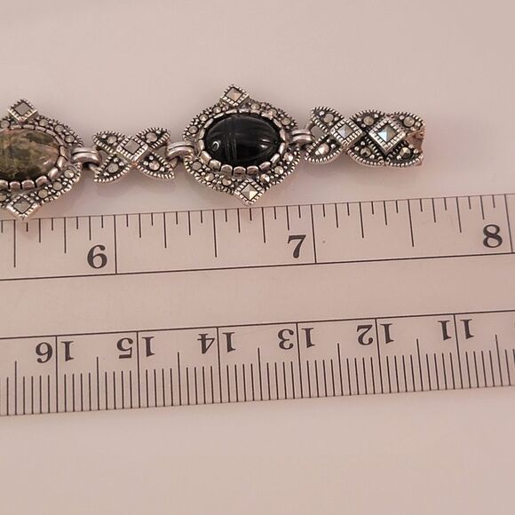 Sterling Multi Stone Cabochon Marcasite Link Bracelet - Picture 8 of 9